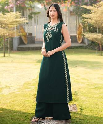 Dark-green embroidered art silk a line kurta palazzo set 2
