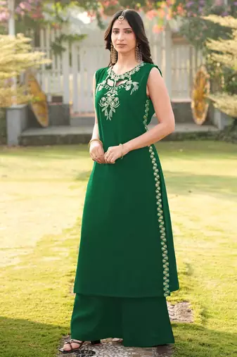 Green embroidered art silk a line kurta
