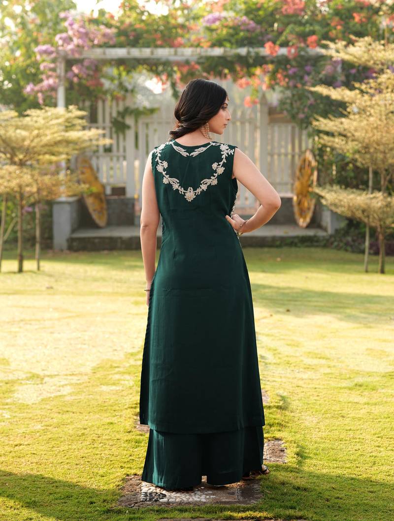 Dark-green embroidered art silk a line kurta palazzo set