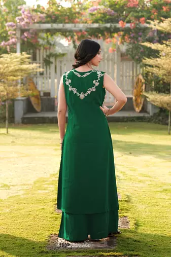 Green embroidered art silk a line kurta