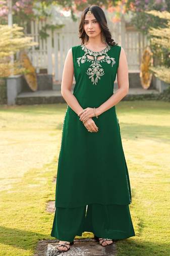 Green embroidered art silk a line kurta palazzo set