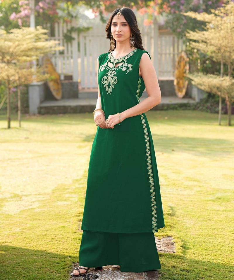 Green embroidered art silk a line kurta palazzo set