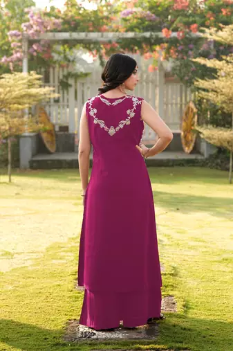 Magenta embroidered art silk a line kurta