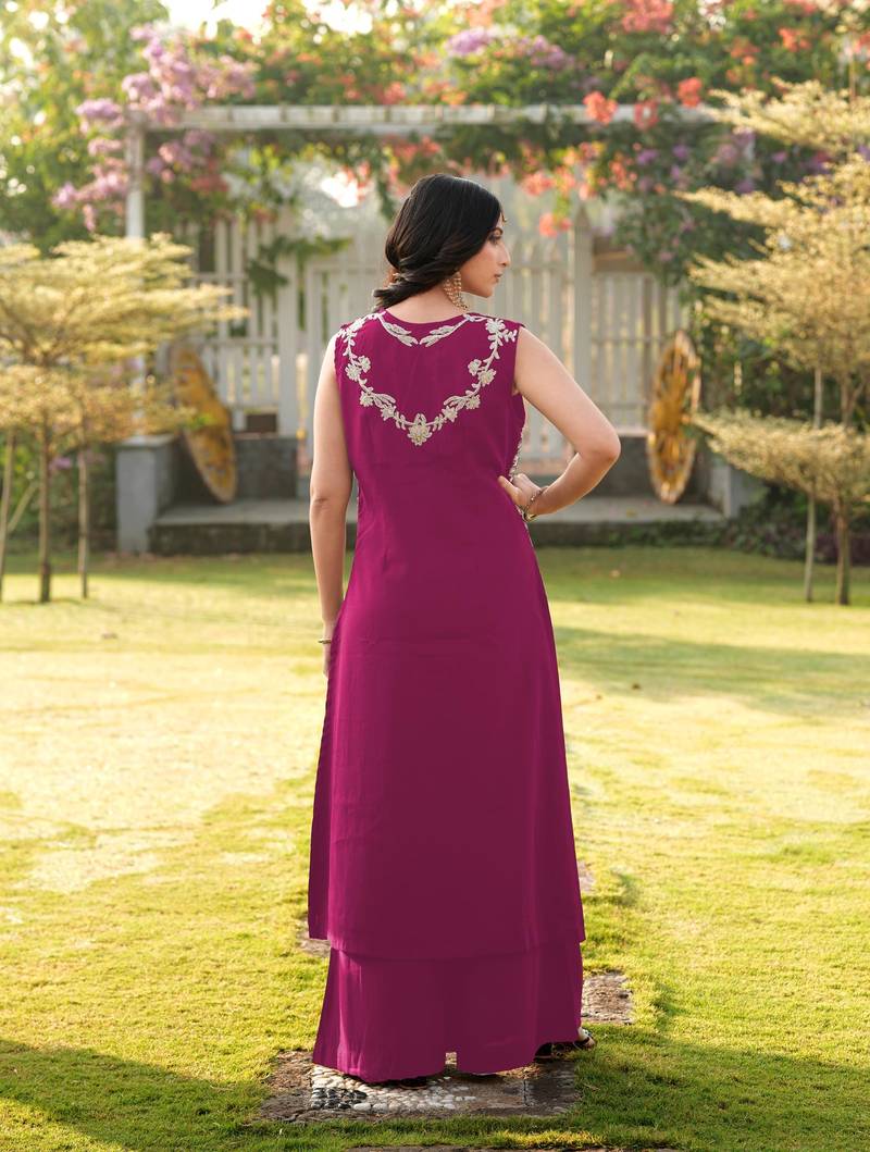 Magenta embroidered art silk a line kurta
