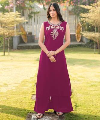 Magenta embroidered art silk a line kurta palazzo set 1