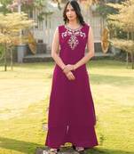 Magenta embroidered art silk a line kurta palazzo set
