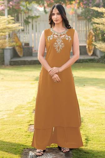 Light-brown embroidered art silk a line kurta