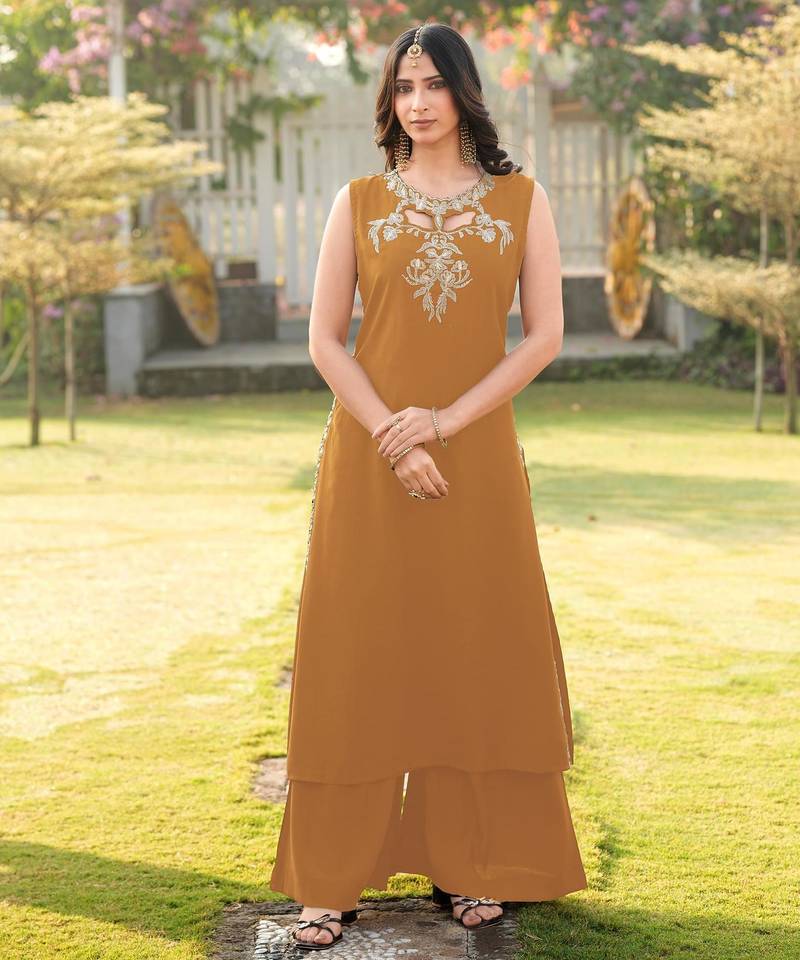 Light-brown embroidered art silk a line kurta