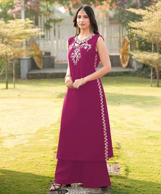 Magenta embroidered art silk a line kurta palazzo set 2
