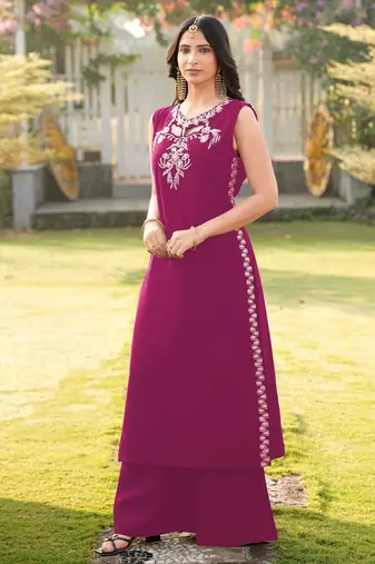 Magenta embroidered art silk a line kurta palazzo set