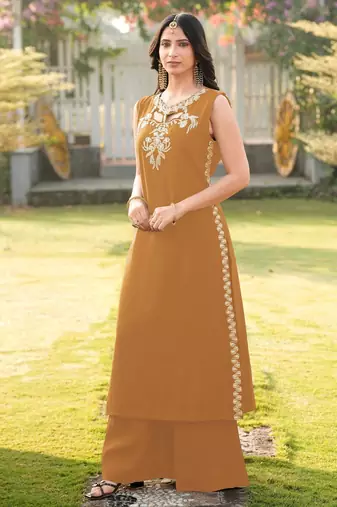 Light-brown embroidered art silk a line kurta