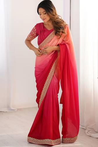 pink color chinnon art silk thread sequince work saree with blouse