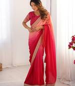 pink color chinnon art silk thread sequince work saree with blouse