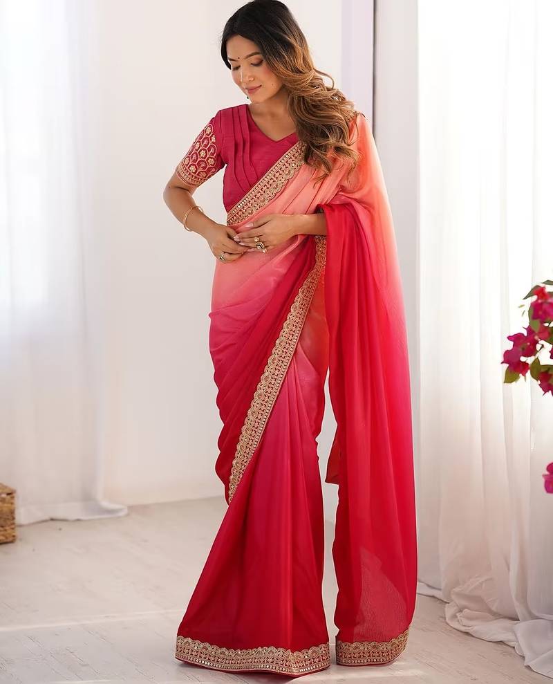 pink color chinnon art silk thread sequince work saree with blouse