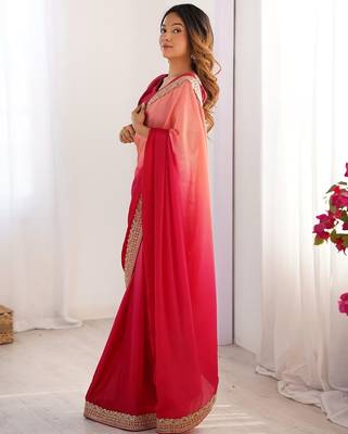pink chinnon art silk blend thread sequince work saree with blouse 2