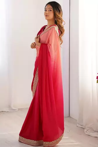 pink color chinnon art silk blend thread sequince work saree with blouse