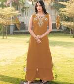 Light-brown embroidered art silk a line kurta palazzo set