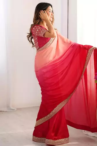 pink color chinnon art silk blend thread sequince work saree with blouse
