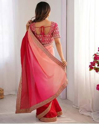 pink chinnon art silk blend thread sequince work saree with blouse 4