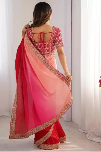 pink color chinnon art silk blend thread sequince work saree with blouse
