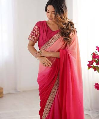 pink chinnon art silk blend thread sequince work saree with blouse 5