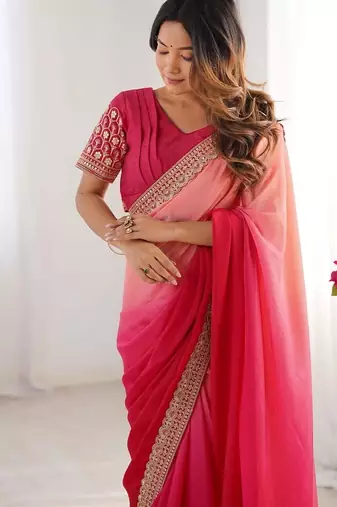 pink color chinnon art silk blend thread sequince work saree with blouse