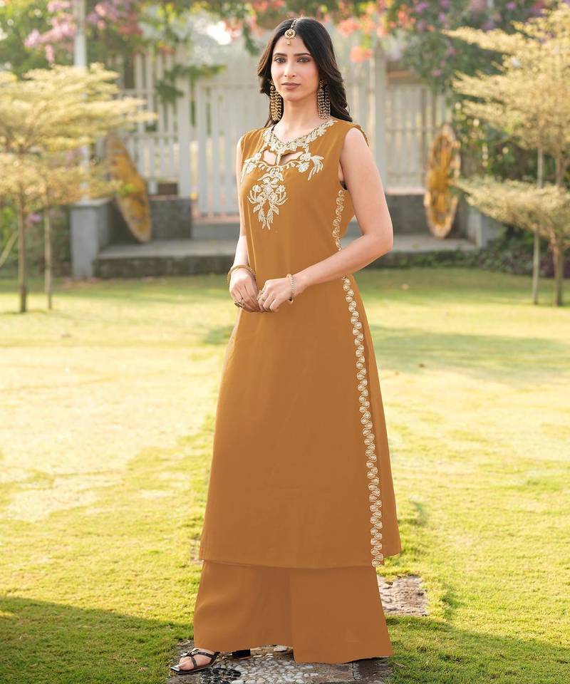 Light-brown embroidered art silk a line kurta palazzo set