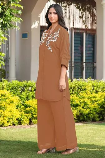 Light-brown embroidered viscose georgette straight cut kurta