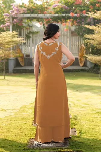 Light-brown embroidered art silk a line kurta palazzo set