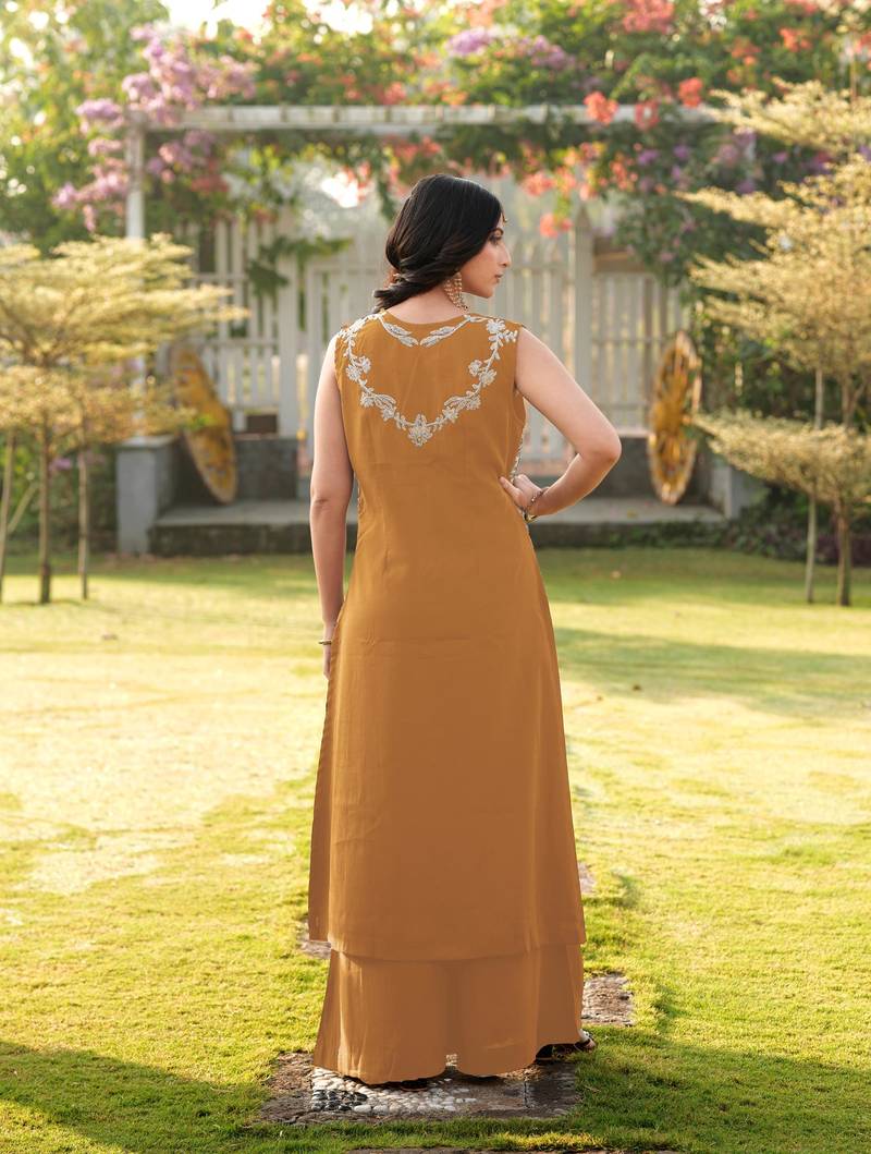 Light-brown embroidered art silk a line kurta palazzo set