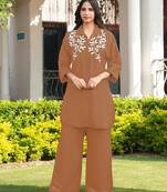Light-brown embroidered viscose georgette straight cut kurta culottes set