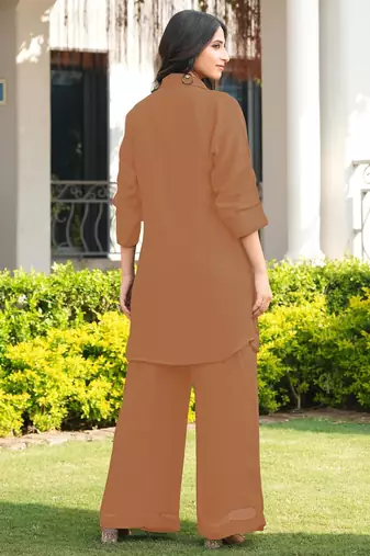 Light-brown embroidered viscose georgette straight cut kurta culottes set