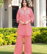 Light-pink embroidered viscose georgette straight cut kurta culottes set