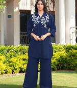 Navy-blue embroidered viscose georgette straight cut kurta