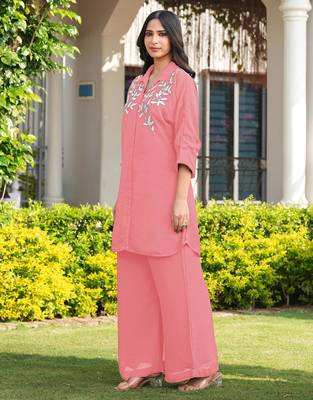 Light-pink embroidered viscose georgette straight cut kurta culottes set 2