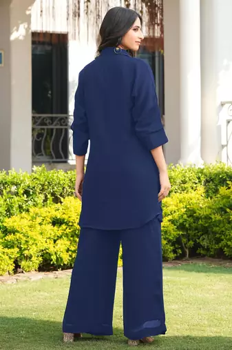 Navy-blue embroidered viscose georgette straight cut kurta culottes set