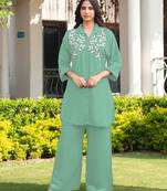 Light-green embroidered viscose georgette straight cut kurta culottes set