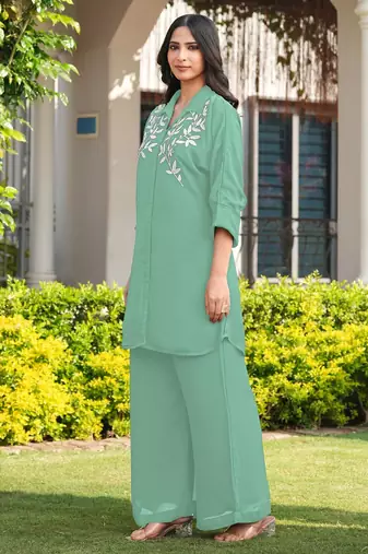 Light-green embroidered viscose georgette straight cut kurta culottes set