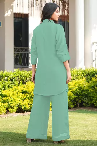 Light-green embroidered viscose georgette straight cut kurta culottes set