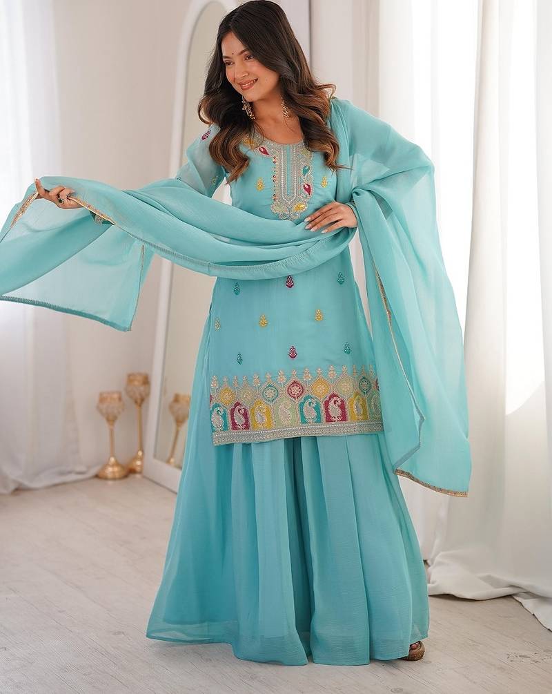 Sky blue color thread zari sequince embroidered work crunchy silk anarkali set