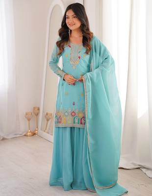 Sky blue thread zari sequince embroidered work crunchy silk blend anarkali set 2
