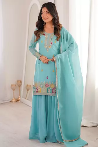 Sky blue thread zari sequince embroidered work crunchy silk blend anarkali set