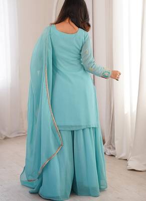 Sky blue thread zari sequince embroidered work crunchy silk blend anarkali set 3
