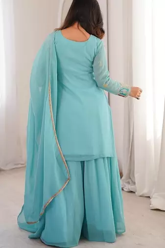 Sky blue thread zari sequince embroidered work crunchy silk blend anarkali set