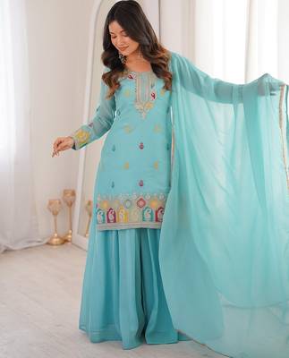 Sky blue thread zari sequince embroidered work crunchy silk blend anarkali set 4