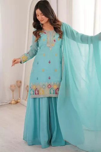 Sky blue thread zari sequince embroidered work crunchy silk blend anarkali set