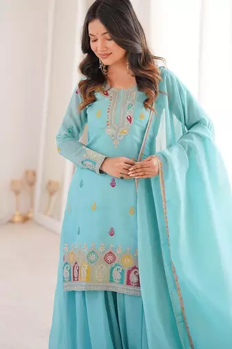 Sky blue thread zari sequince embroidered work crunchy silk blend anarkali set