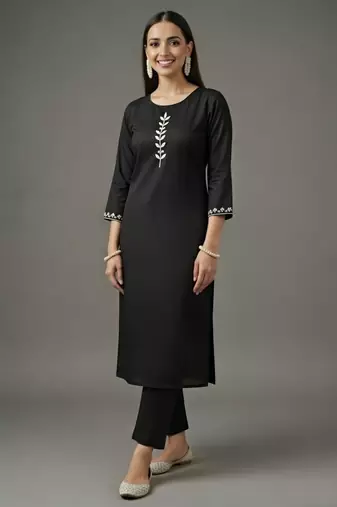 Black embroidered rayon kurta set
