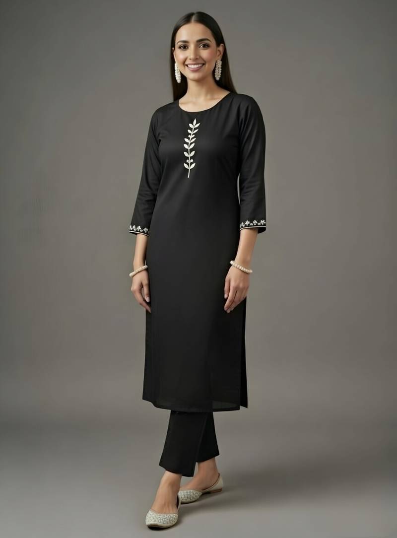 Black embroidered rayon kurta set