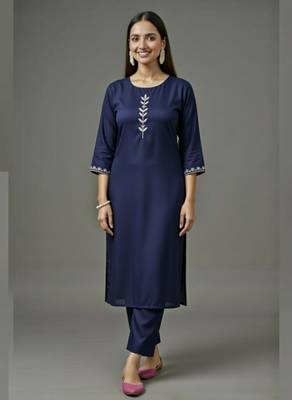 Navy embroidered rayon kurta set 1